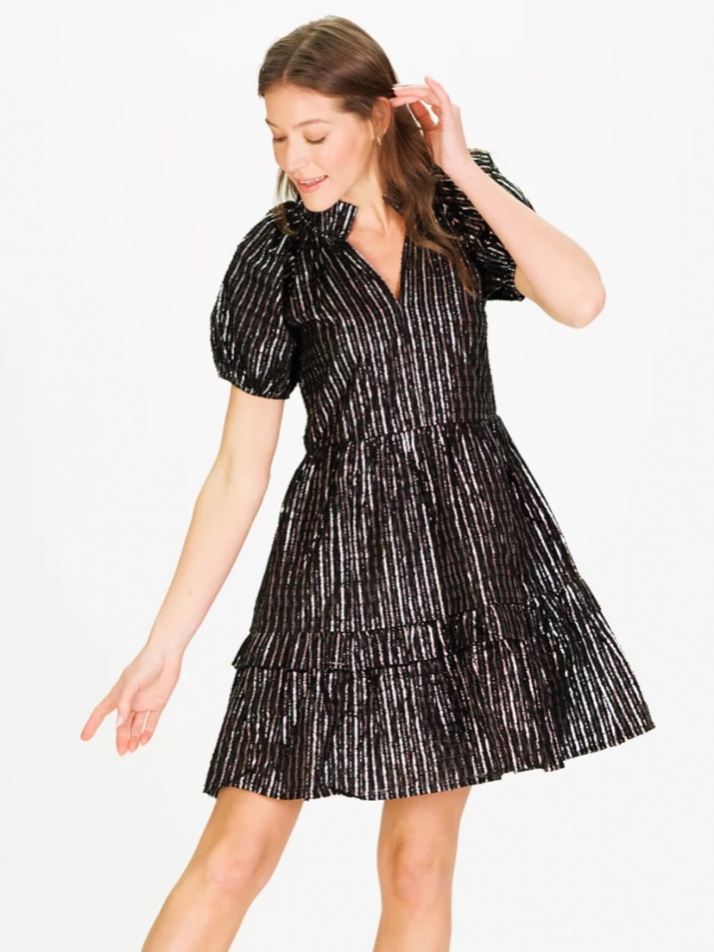 Duffield Lane RAMSEY DRESS IN BLACK CLIPPED METALLIC SILVER STRIPE size XL